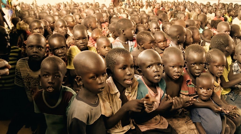 A crowded open-air gathering of children in a community meeting place